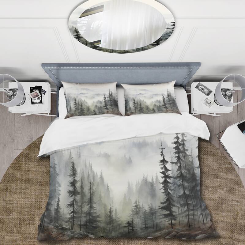 Designart "Pine Tree Misty Mountain II" Green Traditional - Bedding Set With Shams