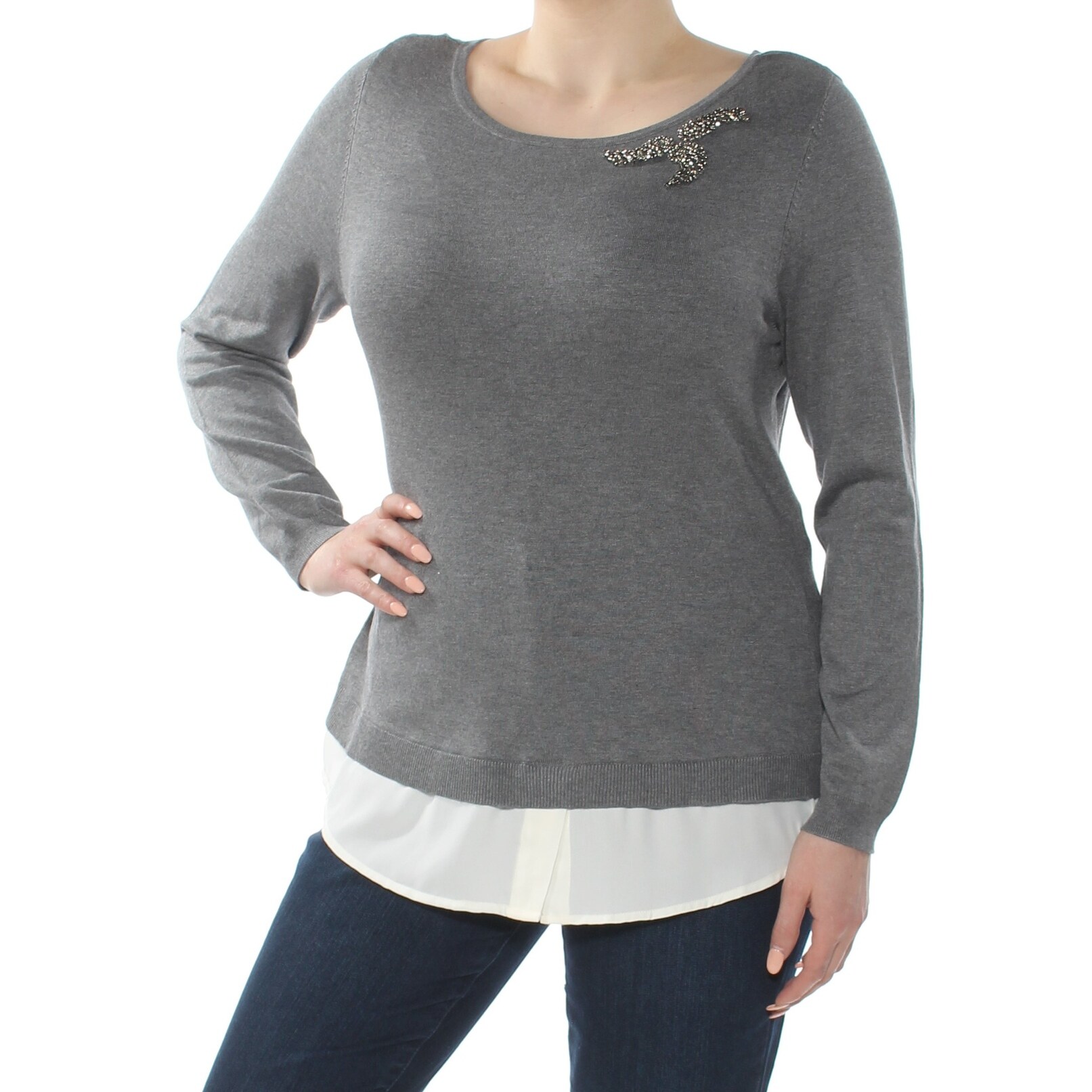 Shop Charter Club Womens Gray Embellished Layered Long Sleeve