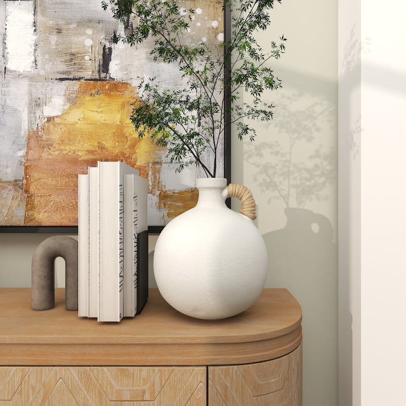 White Ceramic Jug Inspired Vase with Rattan Wrapped Handle