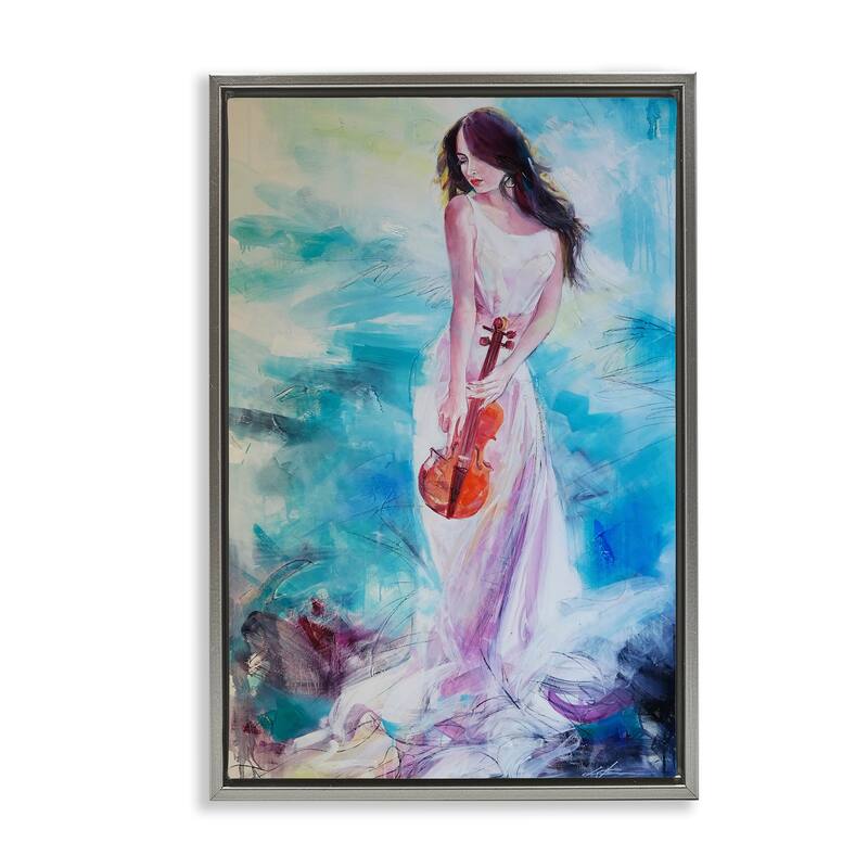 Stupell Elegant Woman with Violin Framed Floater Canvas Wall Art Design By Lucille Lee - 17 x 25 - Grey