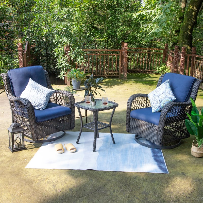 3-Piece Outdoor Brown Wicker Swivel Rocking Chairs Set