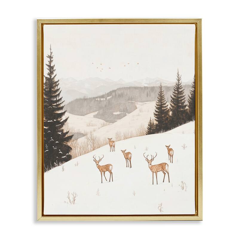 Stupell Winter Deer Mountain View Framed Floater Canvas Wall Art Design By Arlington Prints - 17 x 21 - Gold