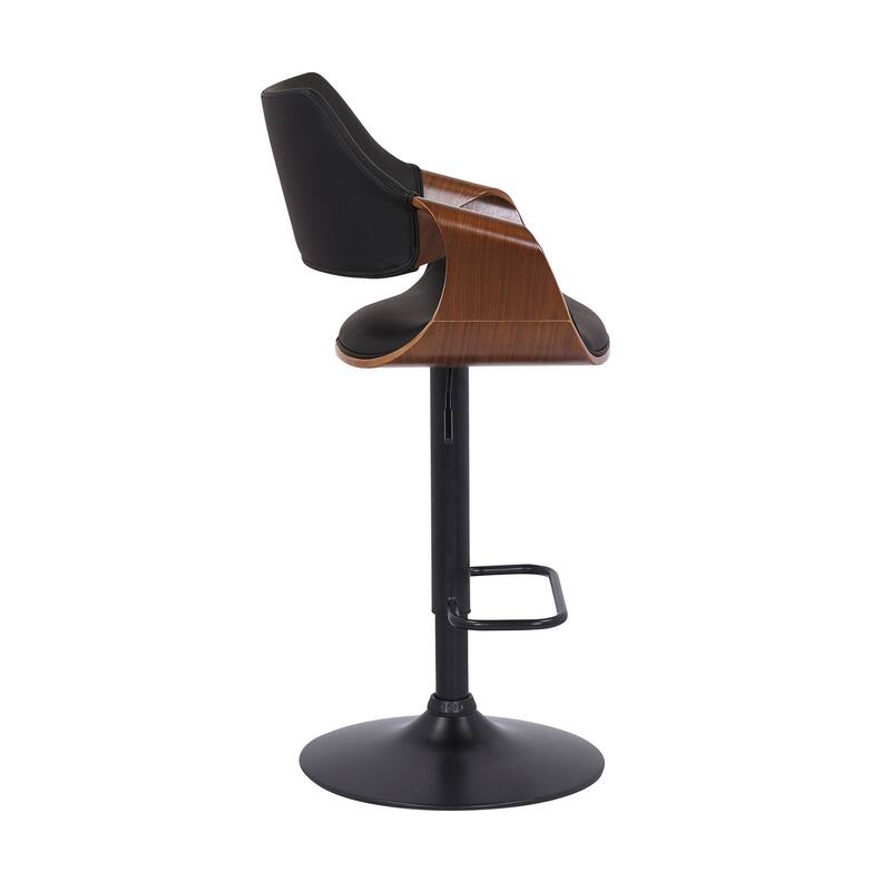 Black Leather and Walnut Wood and Black Swivel Adjustable Bar Stool