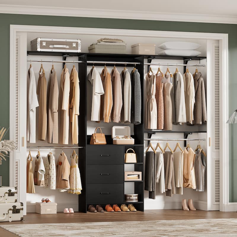 Rackcog 96'' W Closet Organizer with Drawers and Hanging Rods, Wardrobe Closet System (can be cut to fit) - Black