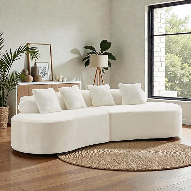 Modern Curved Flannelette Sofa, Simple Multi Seater Couch with Pillows for Living Room Lounge Space - Antique White
