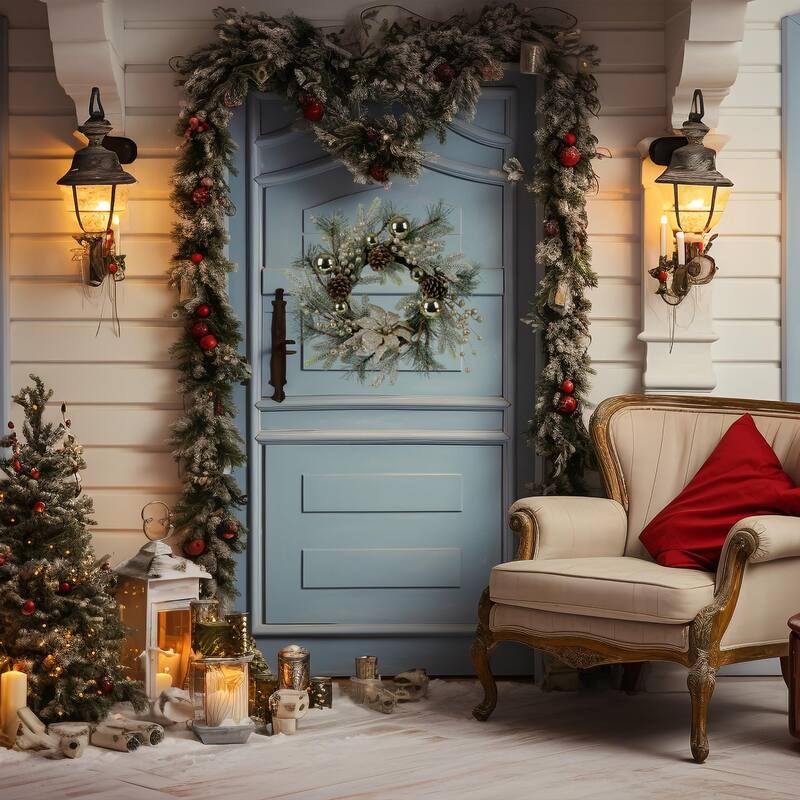 Christmas Wreath Wall Decor with Lights Balls Pine Cones Golden Berries Pine Needle and Christmas Flower for Outdoor Indoor