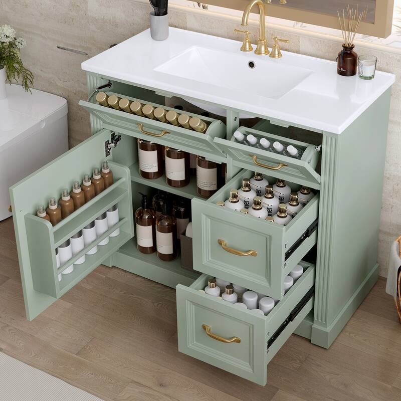 36 Inch Bathroom Vanity with Sink, Cabinet with 4 Drawers, Soft-Close Door & Adjustable Shelf, Ceramic Basin - Green