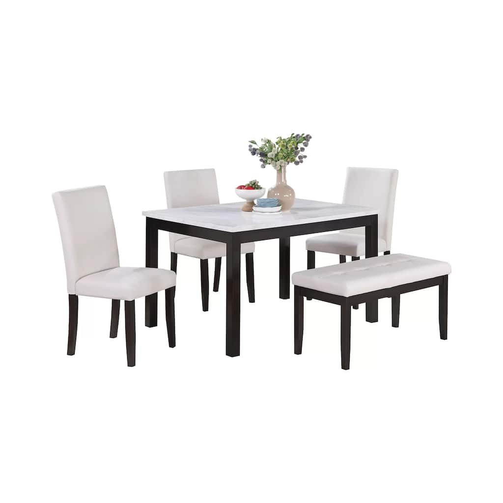 Wesley 5pc Dining Table Set, White Faux-Leather, Faux Marble, Cherry Brown