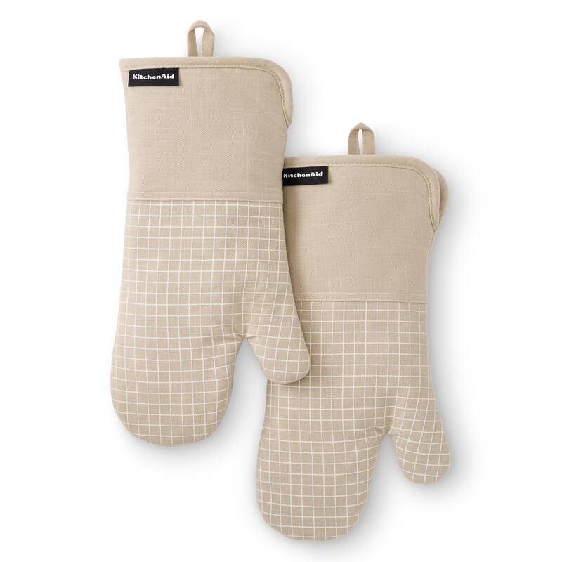 KITCHENAID Gourmet Series Gridlines Oven Mitts 2-Pack Set, Heat Resistant up to 600°F, Soft Silicone Grip, Magnetic Cuff - Milkshake Tan