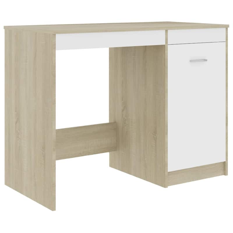 Ami Office Desk with Cabinet, White and Oak Beige Wood, Chrome Handle
