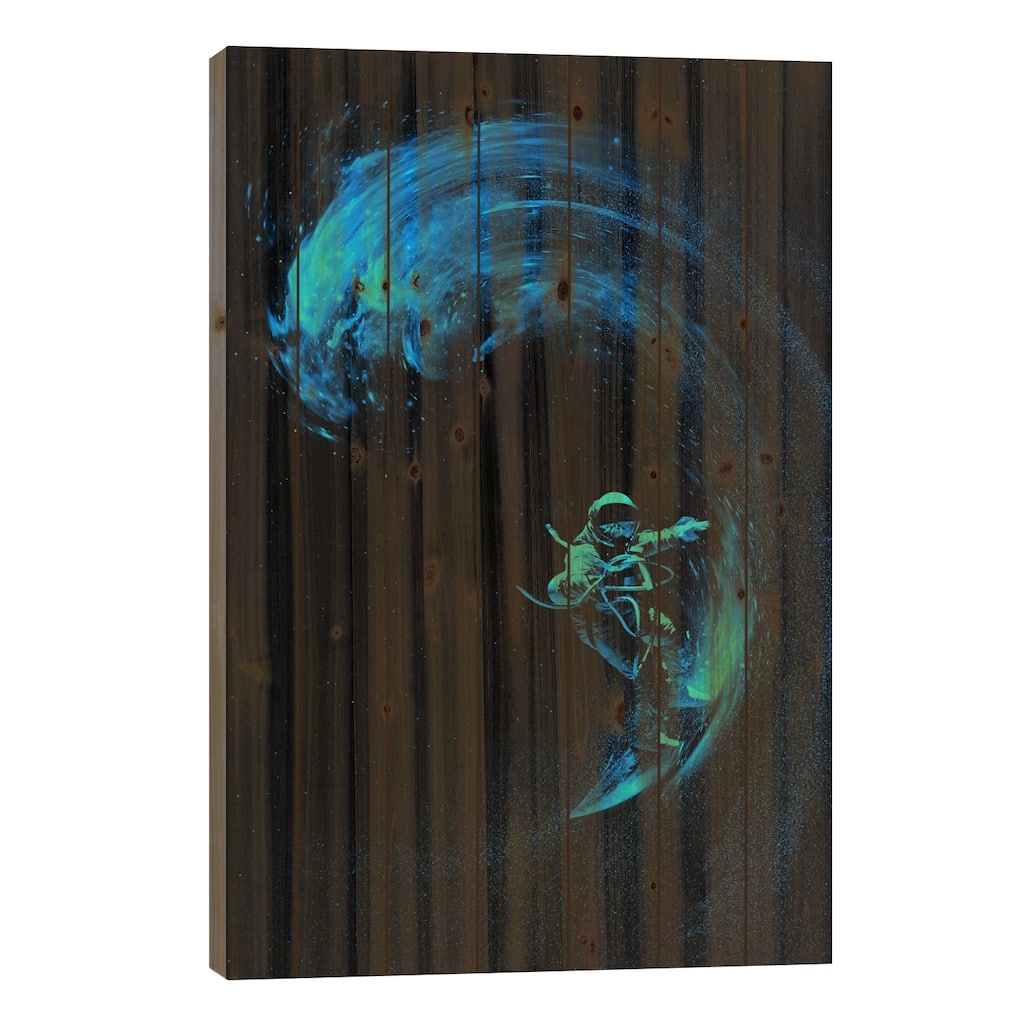 Space Surfing Blue Wave Print On Wood by Nicebleed - Multi-Color