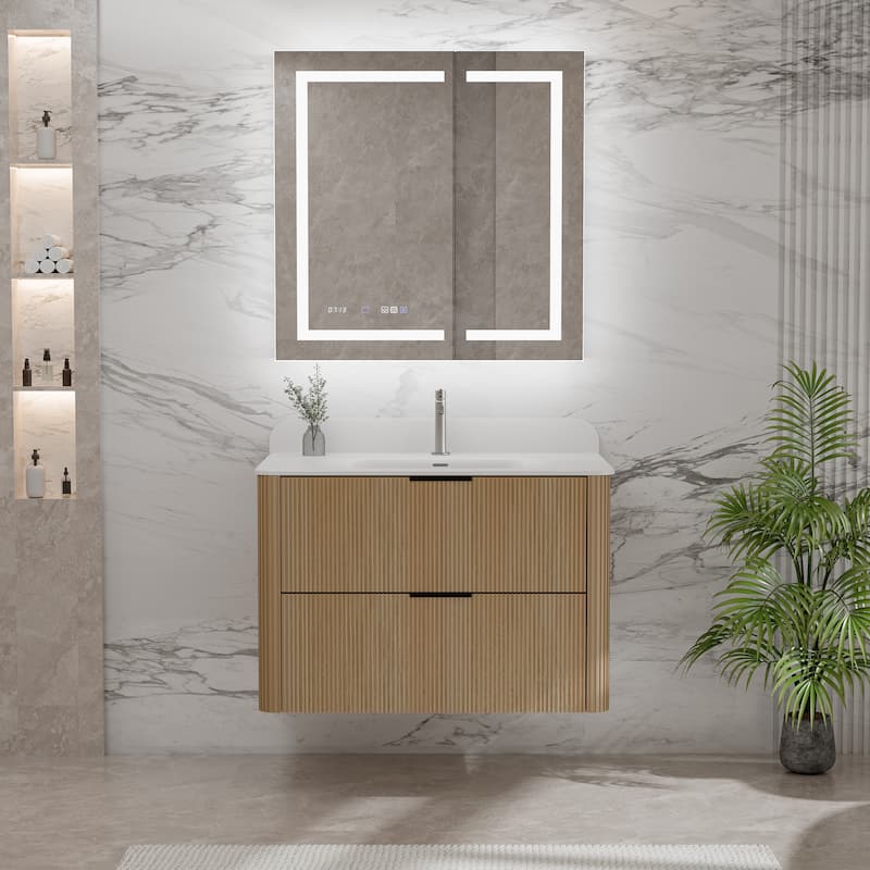 Modland Fluted Floating Vanity with Sink, Plywood Wall Mount Cabinet, Curved Edge, 24/30/36 Inch