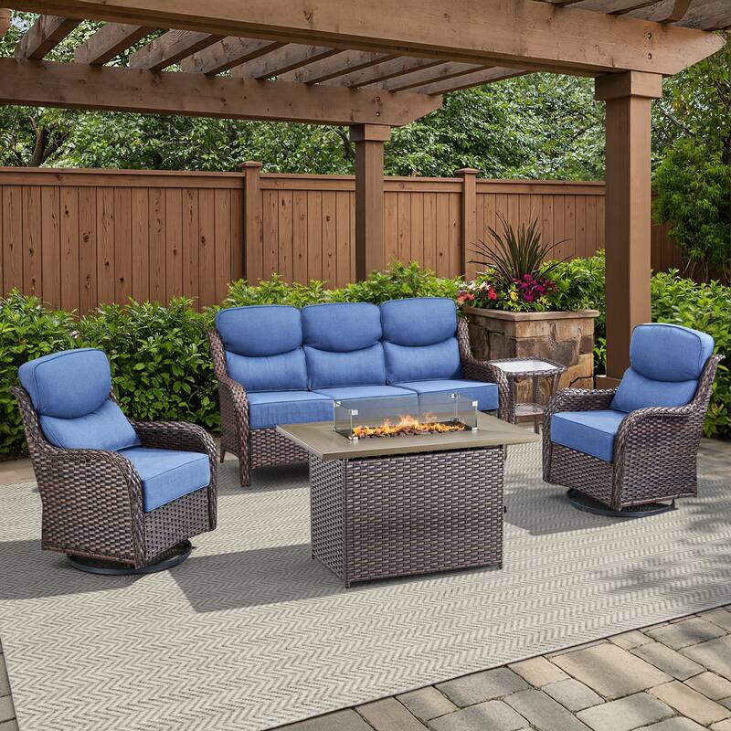 Meyreso 7-Piece Wicker Outdoor Patio Fire Pit Conversation Set with 6-Inch Thick Cushions - 5-Piece - Brown/Navy Blue