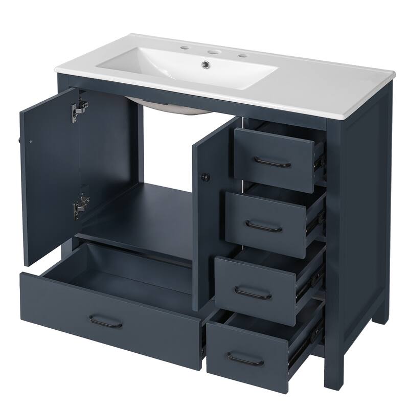36" Blue Bathroom Vanity With Ceramic Sink Combo, Abundant Storage Cabinet -2 Soft Close Doors And 5 Drawers