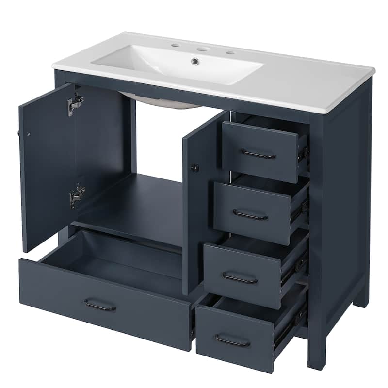 Bathroom Vanity with Sink, Freestanding Wooden Bathroom Cabinet, Storage Cabinet with 2 Soft-Close Doors & 5 Drawers
