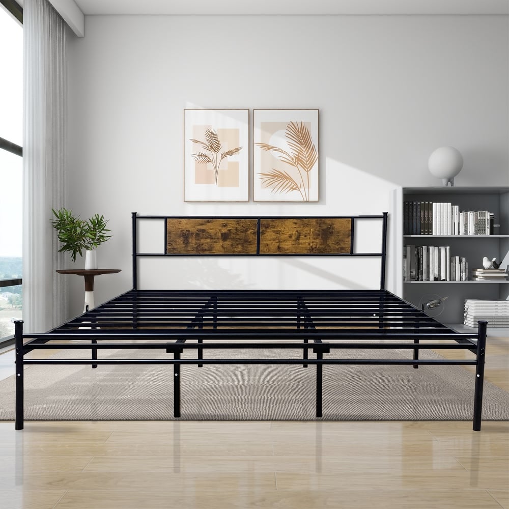 Classic Metal Bed Frames with Wood Headboard, Heavy Duty Metal Platform Bed, No Box Spring Needed