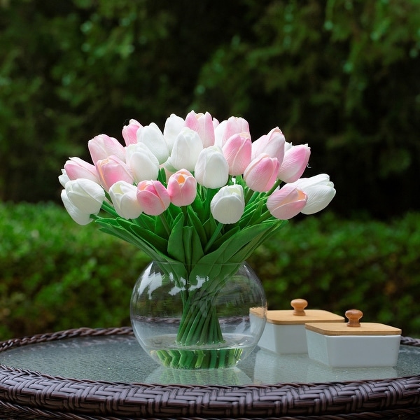 40 Pieces Real Touch Tulip Arrangement in Clear Glass Vase For