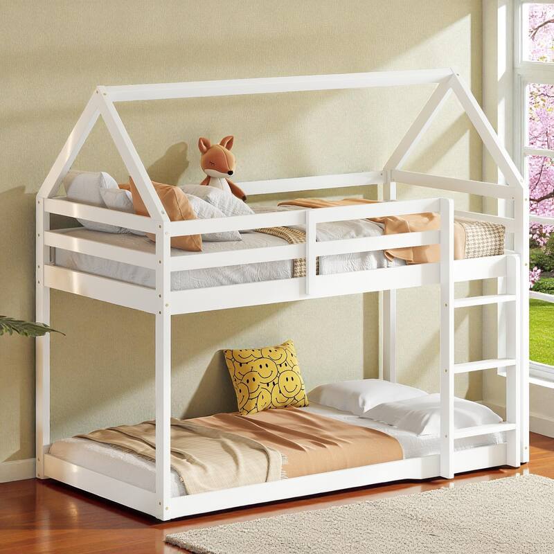 Twin Over Twin Floor Bunk Bed with House Roof Design, Rubber Wood Frame, Ladder and Guardrails for Kids Bedroom