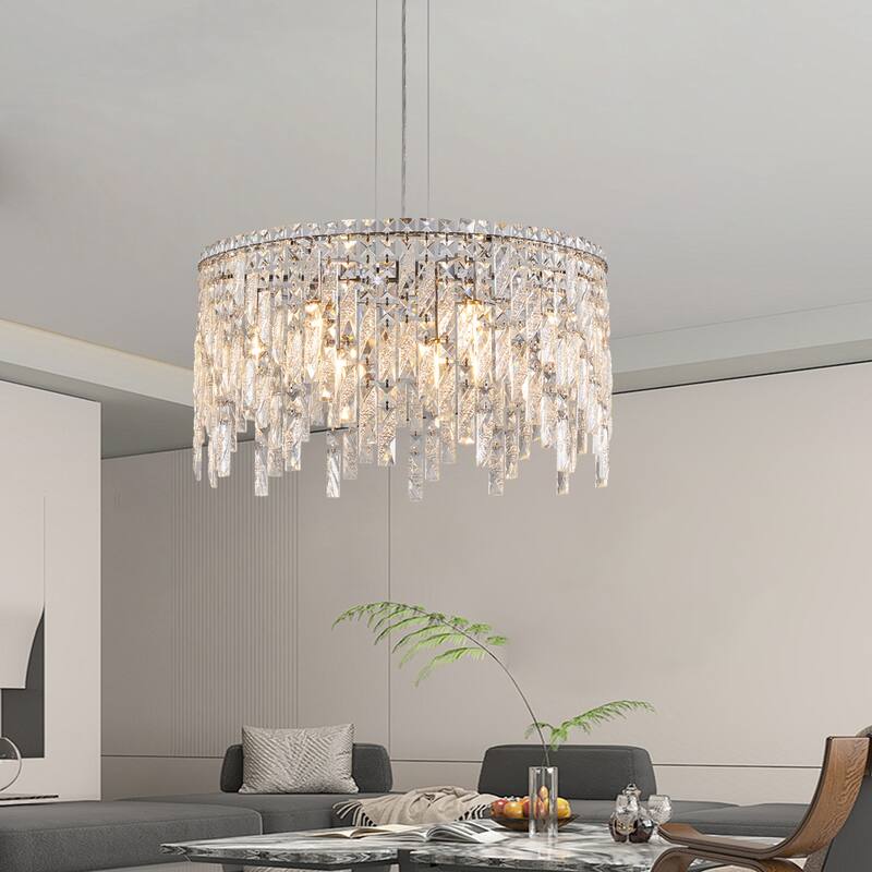 24" Luxurious Round Silver Crystal Chandelier, Contemporary Rectangular Pendant Light, and Grand Foyers (Bulbs Not Included)