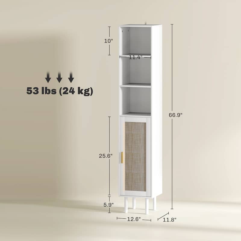 Rattan Bathroom Cabinet with Adjustable Shelf and Open Shelves - 12.6" W x 11.8" D x 66.9" H