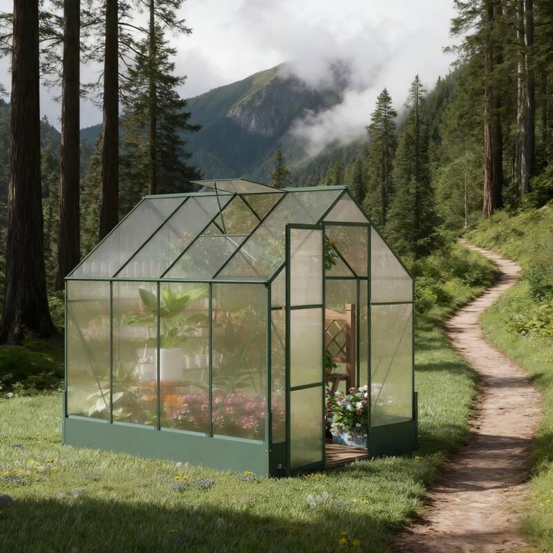 GDFStudio - Outdoor 8'x6' Aluminum Frame Walk-In Polycarbonate Greenhouse with Auto Roof Vent & Rain Gutter - Green
