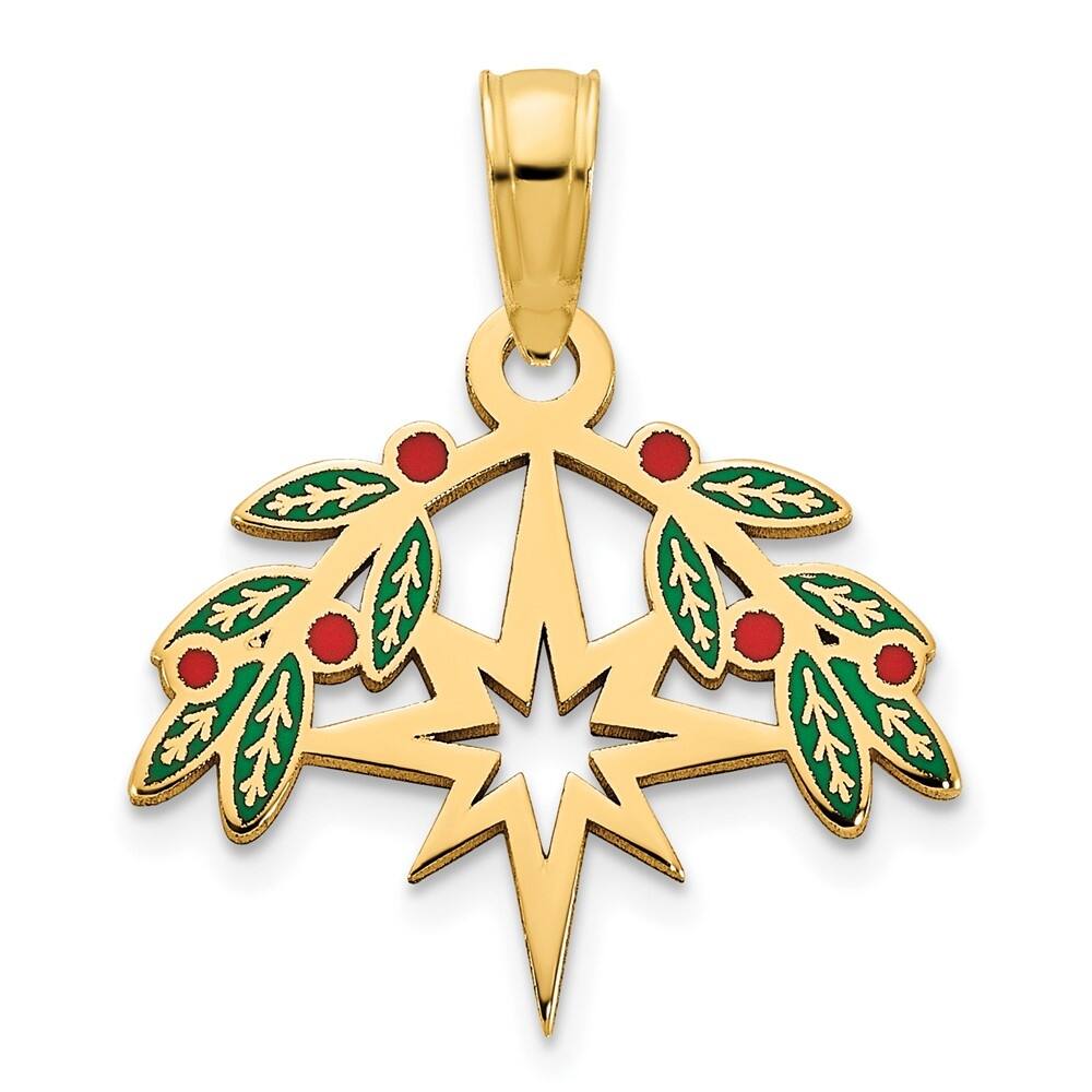 14k Yellow Gold Epoxy Mistletoe and North Star Pendant (L-19.7mm, W-15.3mm)