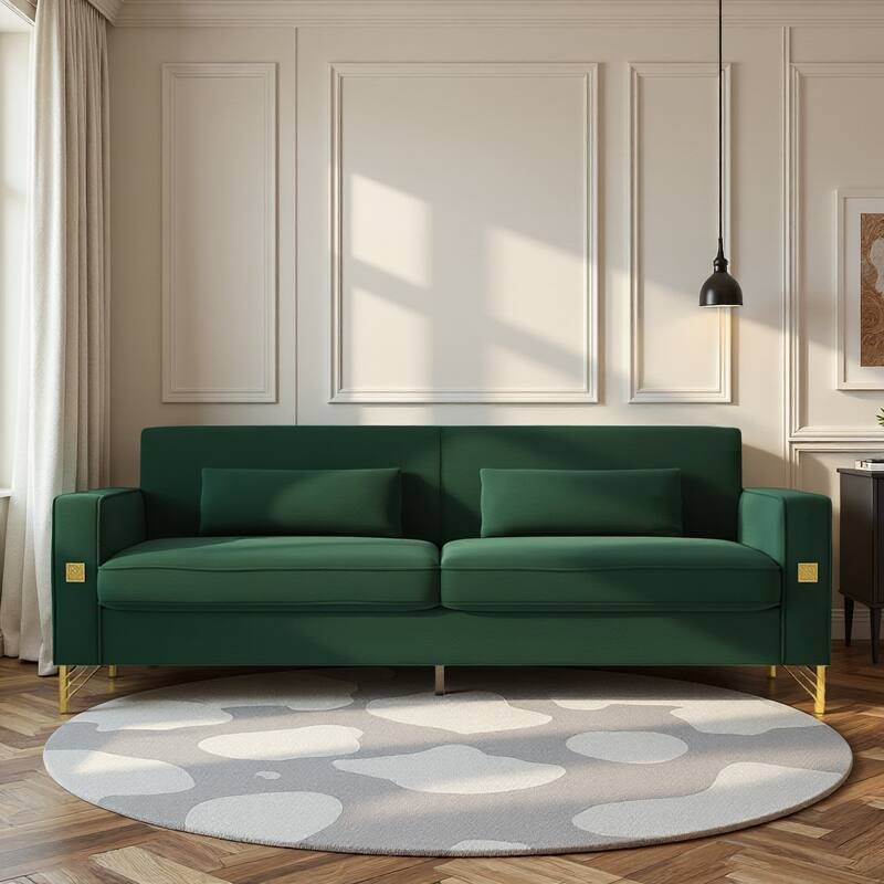 85.63" Velvet Sofa Couch with Cushions, Loveseat for Living Room, Square Armrest Upholstered Sofa with Metal Legs - Green