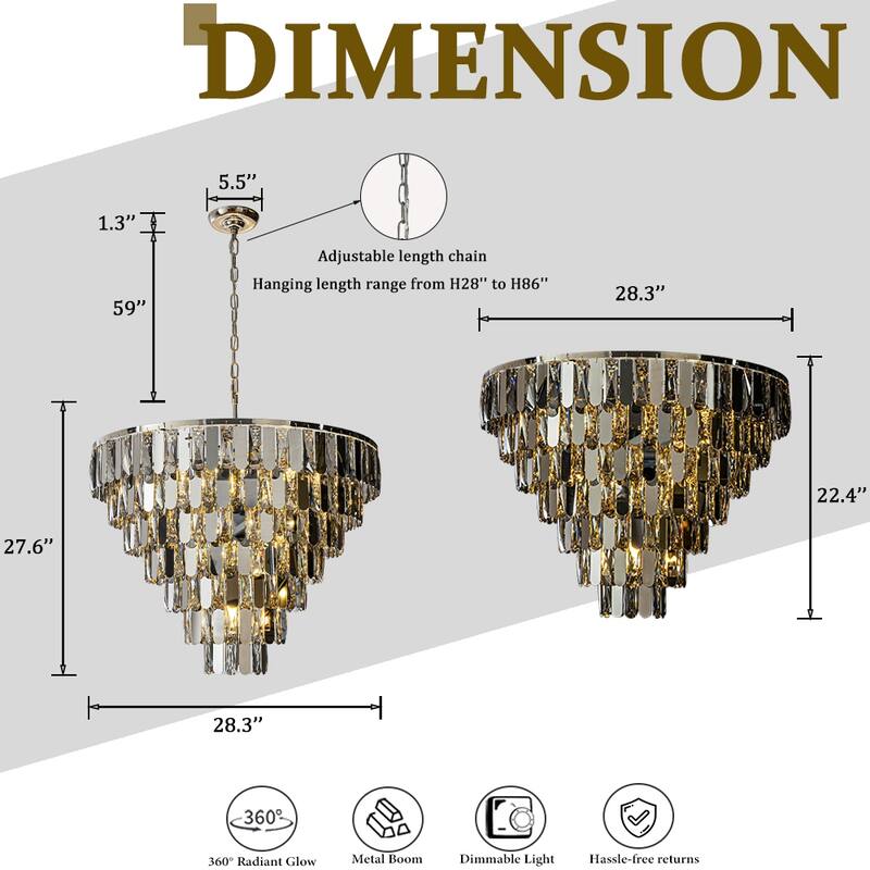 Dimmable Smoked Crystal Flush Mount Ceiling Light Round with Polished Nickel Finish and Stainless Steel Accents for Dining Room