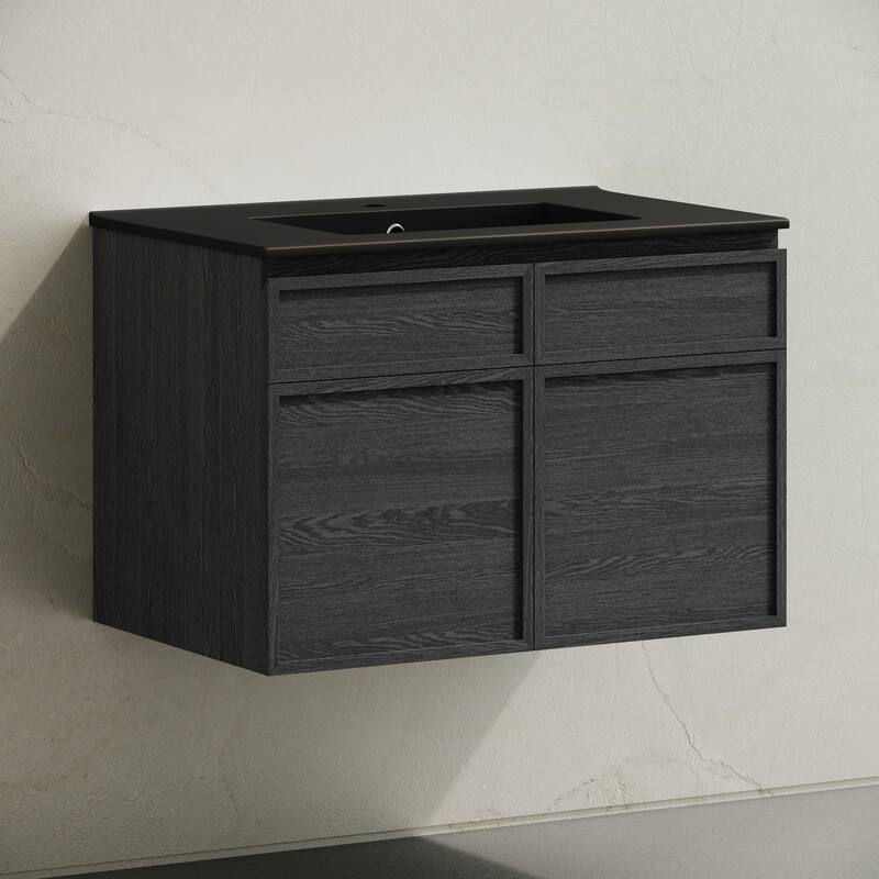 St. Tropez 30" Wall-Mounted Bathroom Vanity In Black Oak With Black Sink Top - 30