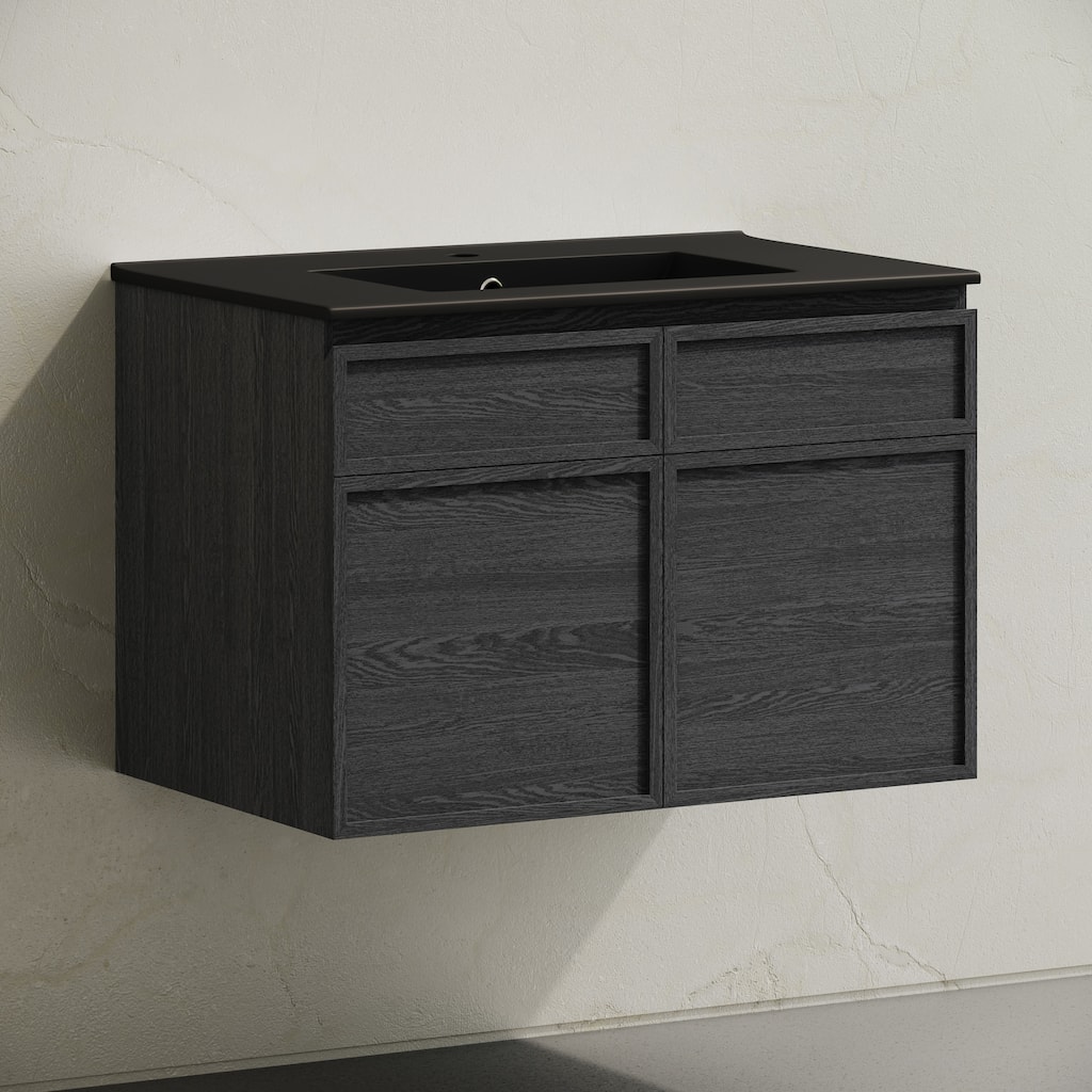 St. Tropez 30" Wall-Mounted Bathroom Vanity In Black Oak With Black Sink Top - 30