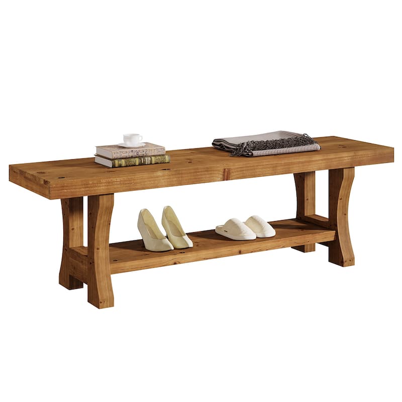 55 Inch Solid Wood Entryway Bench with Shoe Storage, 2-Tier End of Bed Bench Foyer Dining Bench - 55.1" W x 13.8" D x 17.7" H