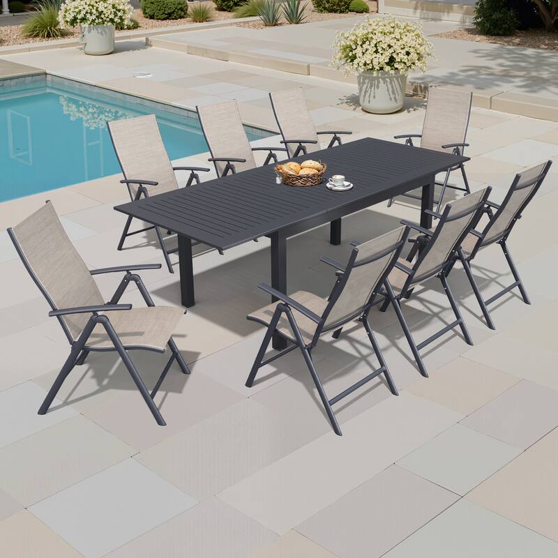 Aluminum Extendable Patio Dining Table Outdoor Rectangular with Durable Adjustable Reclining Folding Chair