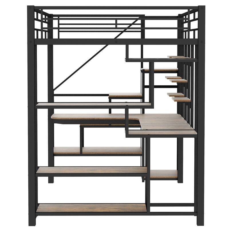 Black Full Size Metal Loft Bed with Storage Staircase and Small Wardrobe, Built-in Desk and Storage Shelves