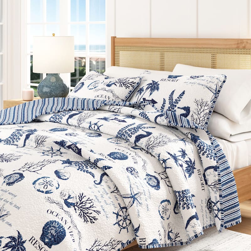 Great Bay Home Catalina Coastal Blue and White Reversible Quilt Set