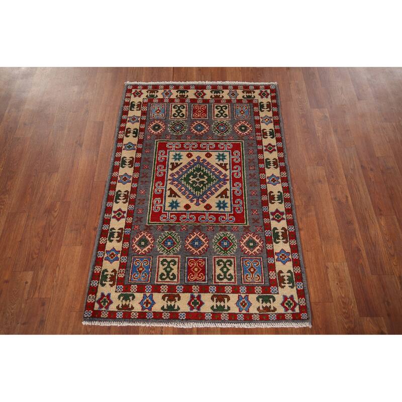 Geometric Grey Kazak Foyer Rug Hand-Knotted Wool Carpet - 2'8" x 3'11"