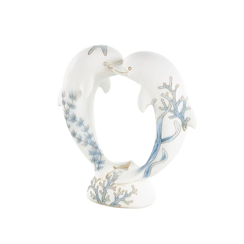 White Polystone Heart Shaped Dolphin Decorative Sculpture with Blue Coral Patterns