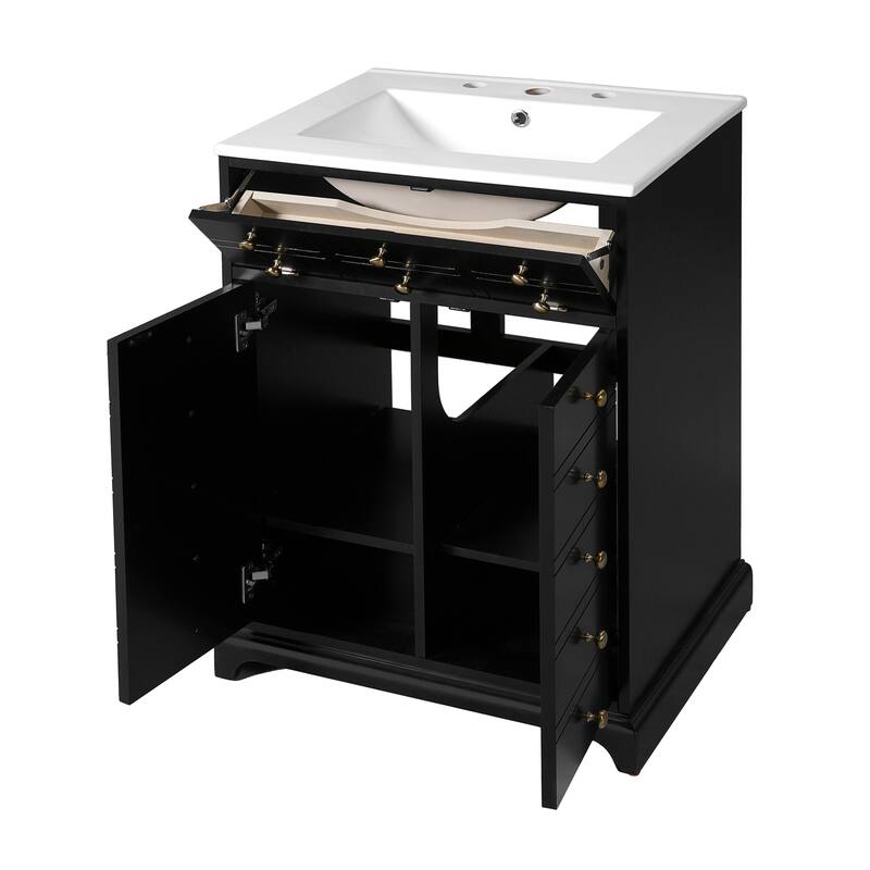 Roomfitters 24" Vanity with Ceramic Sink, Bathroom Cabinet with Drawer and 2 Soft Closing Doors, Compact Storage, Black