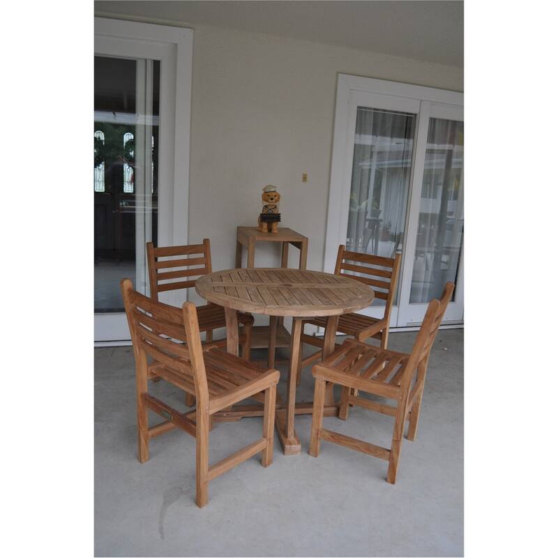 Modern 5-Piece Dining Set - Round Table & 4 Chairs - Teak Wood Outdoor Patio Furniture