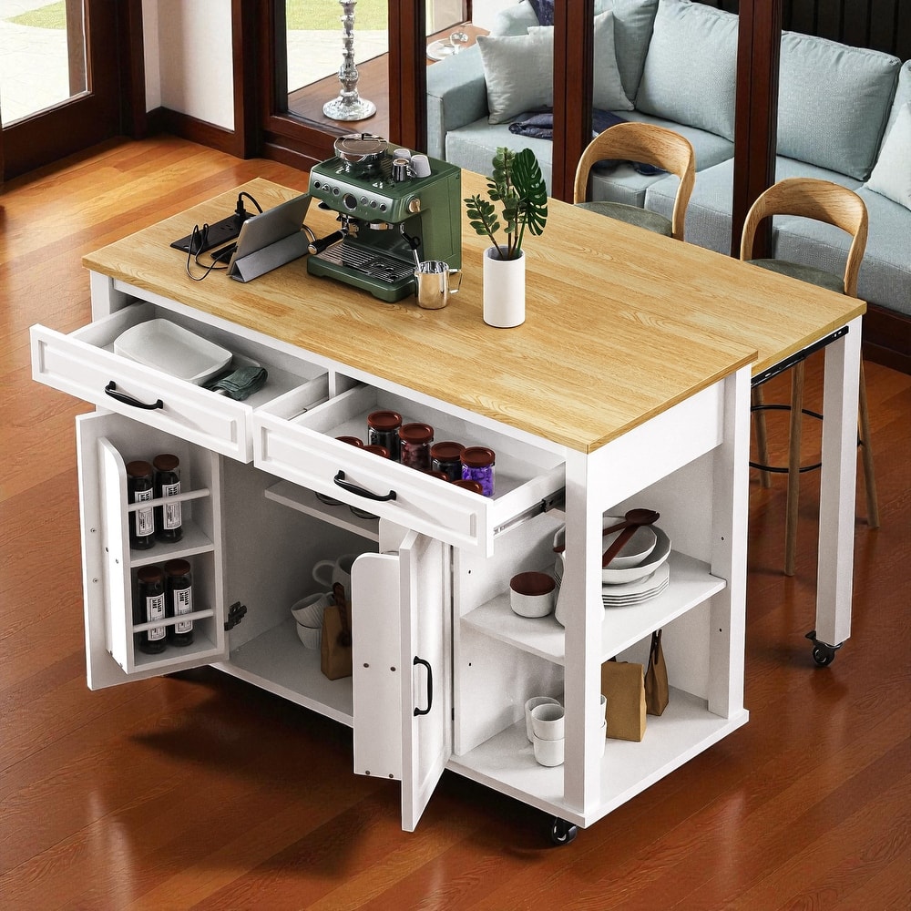47" Kitchen Island with Extendable Table, Power Outlet, Rubber Wood Top, Storage Cabinet & Drawers