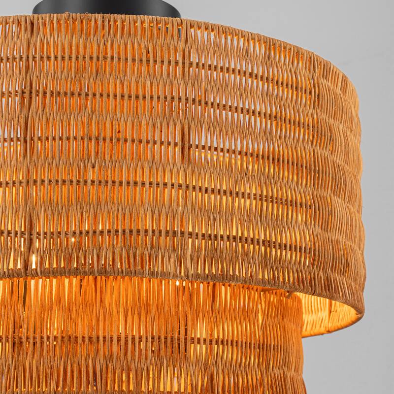 3-Light 2-Tier Natural Rattan Semi Flush Mount Ceiling Light - 15.7