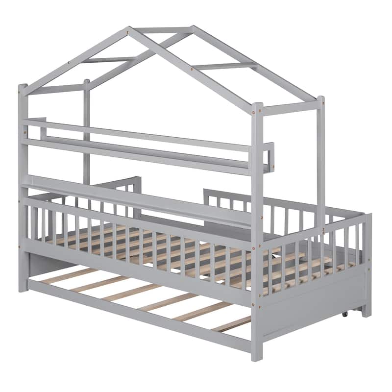 Twin House Bed with Trundle and Storage Shelves, Playful Kids Bed with Roof