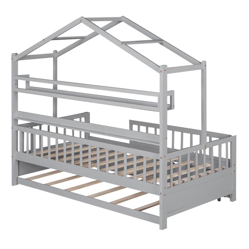 Twin Pine House Bed with Trundle, Shelf & Guardrail