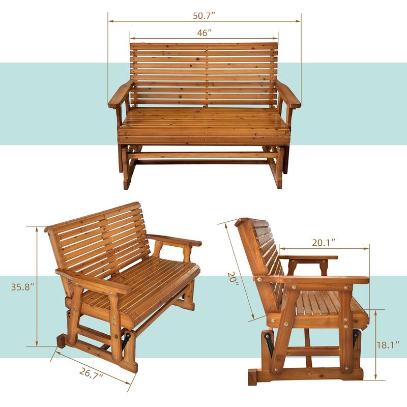 Wooden Patio Glider with High Roll Back and Deep Contoured Seat