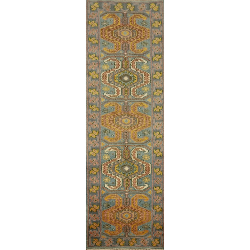 Hand Knotted Oriental 100% Wool Carpet Traditional Geometric Green Kazak Runner Rug - 10' 1'' X 2' 5''