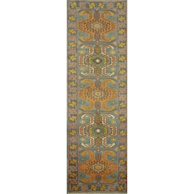 Hand Knotted Oriental 100% Wool Carpet Traditional Geometric Green Kazak Runner Rug - 10' 1'' X 2' 5''