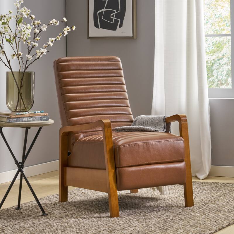 Small Wood Frame Recliner Club Chair with Retractable Footrest Living Room Lounge Armchair Upholstered Reading Chair for Bedroom