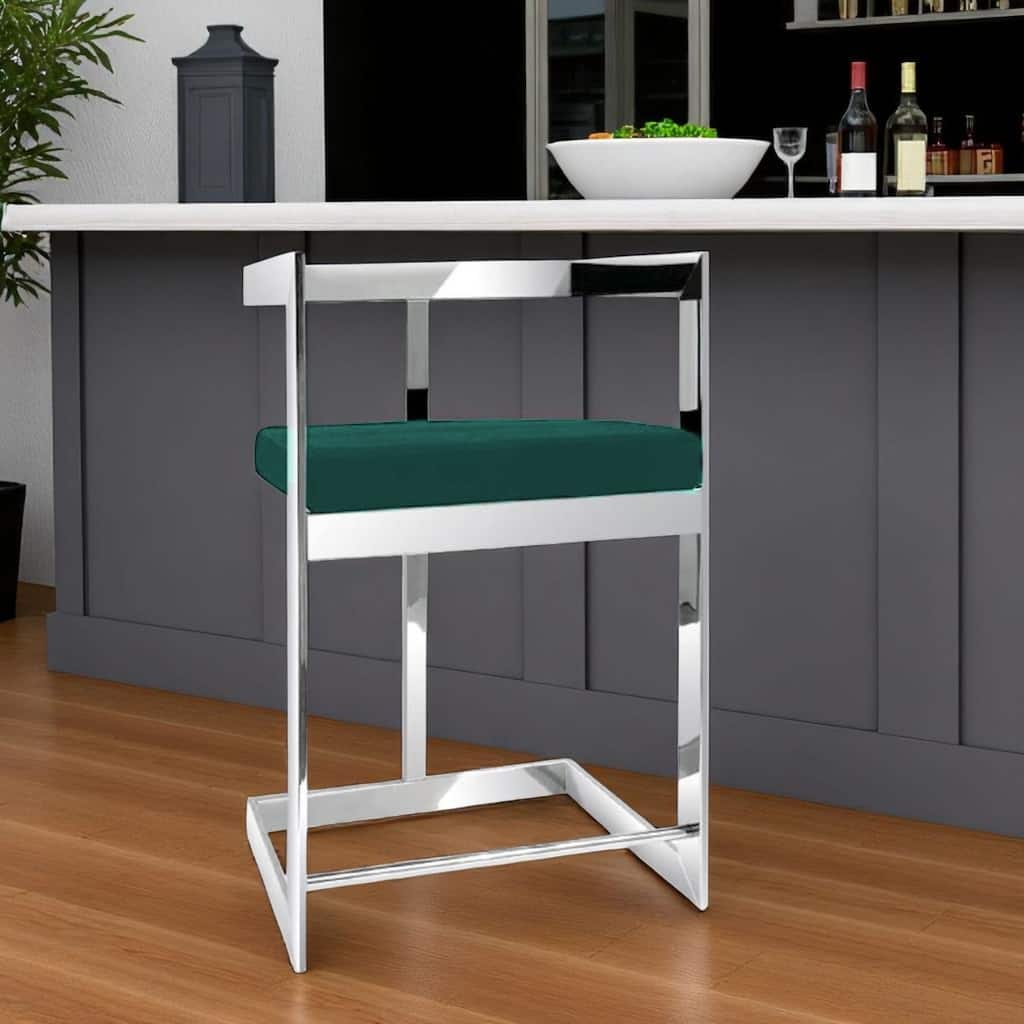 HomeRoots 30" Green and Silver Metal and Velvet Low Back Bar Height Bar Chair