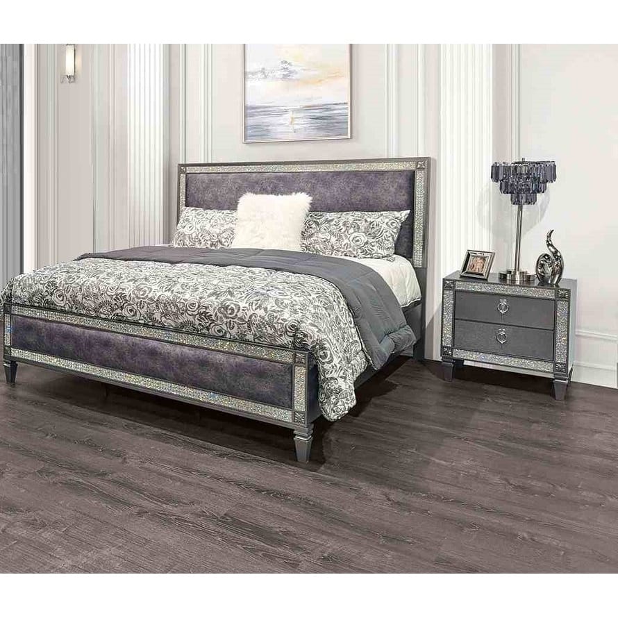 Glam Gray Finish Upholstered Bed Two Nightstands Bedroom Set 3pc