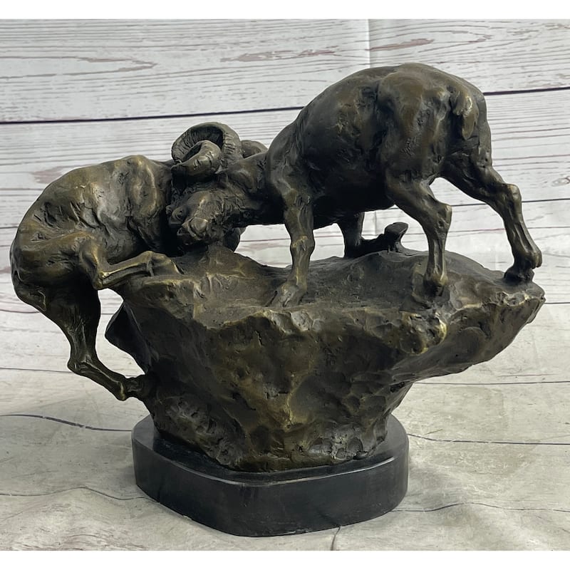 Two Rams Butting Heads Bronze Sculpture Statue Signed Art On Marble Base