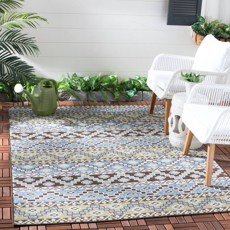 SAFAVIEH Veranda Rudy Indoor/ Outdoor Waterproof Patio Backyard Rug - 4' x 5'7" - Blue/Creme